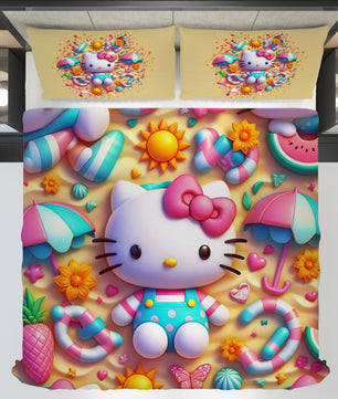 Summer bedding sets - Hello Kitty bed linen under the sand 3D bedroom - Cute duvet cover and pillowcase - Lusy Store LLC