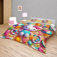 Summer bedding sets - Hello Kitty bed linen under the sand 3D bedroom - Cute duvet cover and pillowcase Bedding Set + Flat Sheet (4pcs)