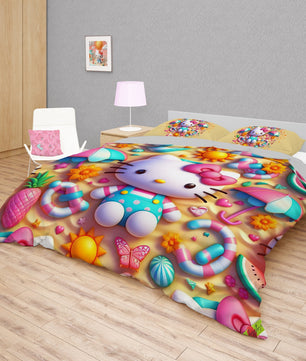 Summer bedding sets - Hello Kitty bed linen under the sand 3D bedroom - Cute duvet cover and pillowcase - Lusy Store LLC