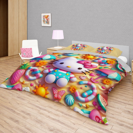 Summer bedding sets - Hello Kitty bed linen under the sand 3D bedroom - Cute duvet cover and pillowcase Bedding Set + Flat Sheet (4pcs)