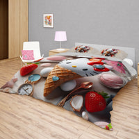 Summer bedding sets - Ice cream Hello Kitty bed linen 3D bedroom - Cute duvet cover and pillowcase Bedding Set + Flat Sheet (4pcs)