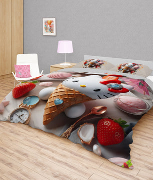 Summer bedding sets - Ice cream Hello Kitty bed linen 3D bedroom - Cute duvet cover and pillowcase - Lusy Store LLC