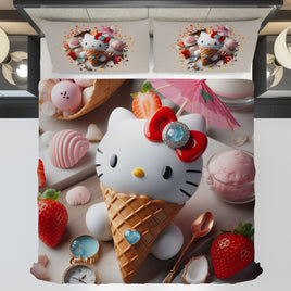 Summer bedding sets - Ice cream Hello Kitty bed linen 3D bedroom - Cute duvet cover and pillowcase - Lusy Store LLC