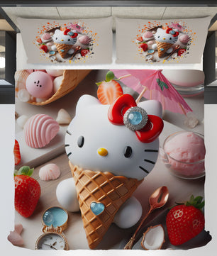 Summer bedding sets - Ice cream Hello Kitty bed linen 3D bedroom - Cute duvet cover and pillowcase - Lusy Store LLC