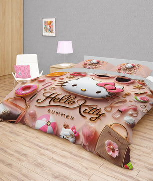 Summer bedding sets - Pink luxury Hello Kitty bed linen 3D bedroom - Cute duvet cover and pillowcase - Lusy Store LLC