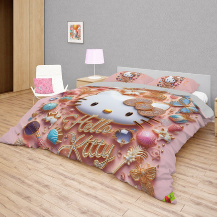 Summer bedding sets - Pink luxury Hello Kitty bed linen 3D bedroom - Cute duvet cover and pillowcase - Lusy Store LLC