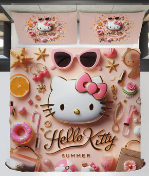 Summer bedding sets - Pink luxury Hello Kitty bed linen 3D bedroom - Cute duvet cover and pillowcase - Lusy Store LLC