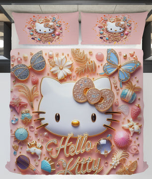 Summer bedding sets - Pink luxury Hello Kitty bed linen 3D bedroom - Cute duvet cover and pillowcase - Lusy Store LLC