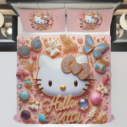 Summer bedding sets - Pink luxury Hello Kitty bed linen 3D bedroom - Cute duvet cover and pillowcase - Lusy Store LLC