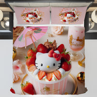 Summer bedding sets - Strawberry Hello Kitty bed linen 3D bedroom - Cute duvet cover and pillowcase - Lusy Store LLC