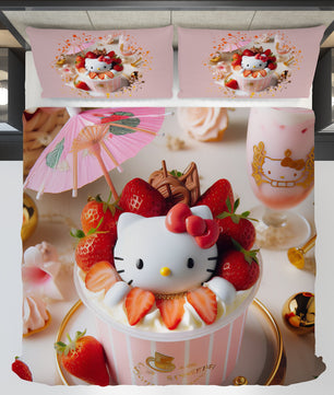 Summer bedding sets - Strawberry Hello Kitty bed linen 3D bedroom - Cute duvet cover and pillowcase - Lusy Store LLC