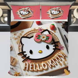 Summer bedding sets - Strawberry Hello Kitty bed linen 3D bedroom - Cute duvet cover and pillowcase Bedding Set (3pcs)