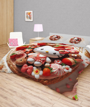 Summer bedding sets - Strawberry Hello Kitty bed linen 3D bedroom - Cute duvet cover and pillowcase - Lusy Store LLC