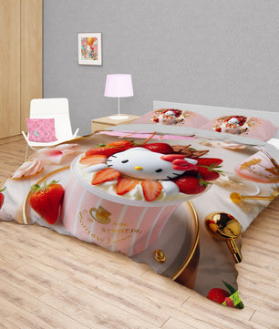 Summer bedding sets - Strawberry Hello Kitty bed linen 3D bedroom - Cute duvet cover and pillowcase - Lusy Store LLC