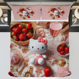Summer bedding sets - Strawberry Hello Kitty bed linen 3D bedroom - Cute duvet cover and pillowcase - Lusy Store LLC