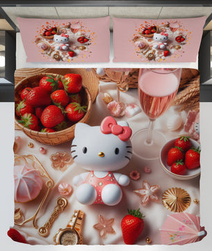 Summer bedding sets - Strawberry Hello Kitty bed linen 3D bedroom - Cute duvet cover and pillowcase - Lusy Store LLC