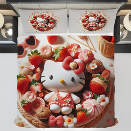 Summer bedding sets - Strawberry Hello Kitty bed linen 3D bedroom - Cute duvet cover and pillowcase Bedding Set (3pcs)