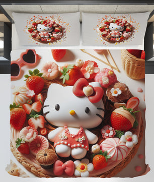 Summer bedding sets - Strawberry Hello Kitty bed linen 3D bedroom - Cute duvet cover and pillowcase - Lusy Store LLC