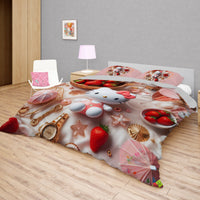 Summer bedding sets - Strawberry Hello Kitty bed linen 3D bedroom - Cute duvet cover and pillowcase Bedding Set + Flat Sheet (4pcs)