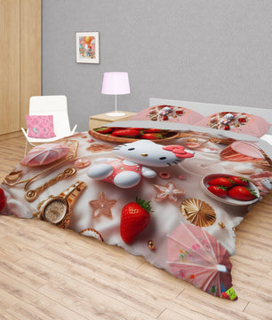 Summer bedding sets - Strawberry Hello Kitty bed linen 3D bedroom - Cute duvet cover and pillowcase - Lusy Store LLC