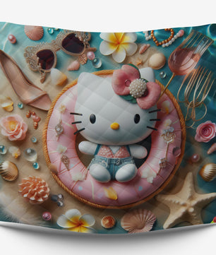 Summer quilt sets - Coastal Hello Kitty cotton quilting 3D bedroom - Cute quilt and pillowcase - Lusy Store LLC