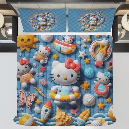 Summer quilt sets - Coastal Hello Kitty cotton quilting 3D bedroom - Cute quilt and pillowcase - Lusy Store LLC