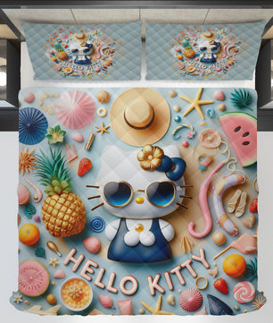 Summer quilt sets - Cool Hello Kitty cotton quilting 3D bedroom - Cute quilt and pillowcase - Lusy Store LLC