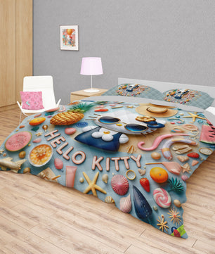 Summer quilt sets - Cool Hello Kitty cotton quilting 3D bedroom - Cute quilt and pillowcase - Lusy Store LLC