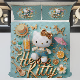 Summer quilt sets - Cool summer Hello Kitty cotton quilting 3D bedroom - Cute quilt and pillowcase - Lusy Store LLC