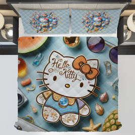 Summer quilt sets - Floral Hello Kitty cotton quilting 3D bedroom - Cute quilt and pillowcase - Lusy Store LLC