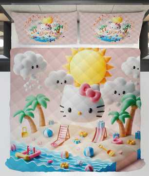 Summer quilt sets - Hello Kitty cotton quilting 3D bedroom - Cute quilt and pillowcase - Lusy Store LLC