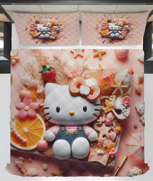 Summer quilt sets - Hello Kitty cotton quilting 3D bedroom - Cute quilt and pillowcase - Lusy Store LLC
