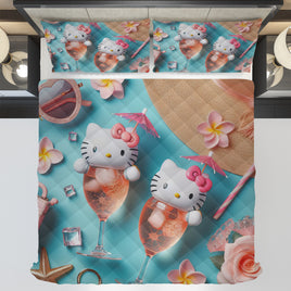 Summer quilt sets - Hello Kitty cotton quilting 3D cute bedroom - Coastal quilt and pillowcase - Lusy Store LLC