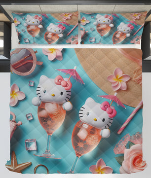 Summer quilt sets - Hello Kitty cotton quilting 3D cute bedroom - Coastal quilt and pillowcase - Lusy Store LLC