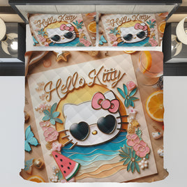Summer quilt sets - Hello Kitty cotton quilting 3D cute bedroom - Orange quilt and pillowcase - Lusy Store LLC