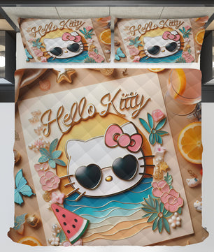 Summer quilt sets - Hello Kitty cotton quilting 3D cute bedroom - Orange quilt and pillowcase - Lusy Store LLC