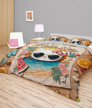 Summer quilt sets - Hello Kitty cotton quilting 3D cute bedroom - Orange quilt and pillowcase - Lusy Store LLC