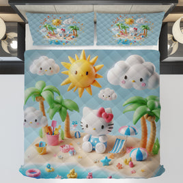 Summer quilt sets - Hello Kitty cotton quilting 3D cute bedroom - Sunny quilt and pillowcase - Lusy Store LLC