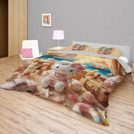 Summer quilt sets - Hello Kitty cotton quilting sunset 3D bedroom - Cute quilt and pillowcase - Lusy Store LLC