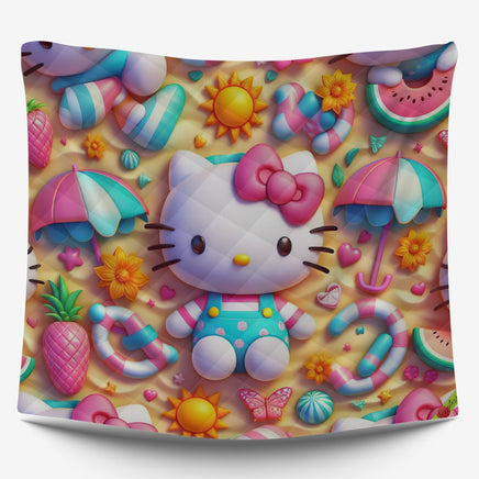 Summer quilt sets - Hello Kitty cotton quilting under the sand 3D bedroom - Cute quilt and pillowcase - Lusy Store LLC