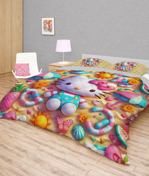 Summer quilt sets - Hello Kitty cotton quilting under the sand 3D bedroom - Cute quilt and pillowcase - Lusy Store LLC