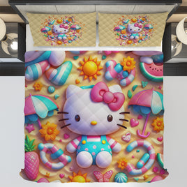 Summer quilt sets - Hello Kitty cotton quilting under the sand 3D bedroom - Cute quilt and pillowcase - Lusy Store LLC