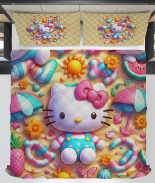 Summer quilt sets - Hello Kitty cotton quilting under the sand 3D bedroom - Cute quilt and pillowcase - Lusy Store LLC