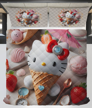 Summer quilt sets - Ice cream Hello Kitty cotton quilting 3D bedroom - Cute quilt and pillowcase - Lusy Store LLC
