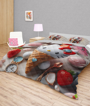 Summer quilt sets - Ice cream Hello Kitty cotton quilting 3D bedroom - Cute quilt and pillowcase - Lusy Store LLC