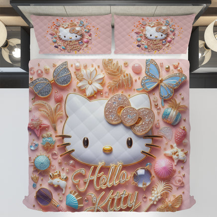 Summer quilt sets - Pink luxury Hello Kitty cotton quilting 3D bedroom - Cute quilt and pillowcase - Lusy Store LLC