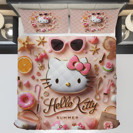 Summer quilt sets - Pink luxury Hello Kitty cotton quilting 3D bedroom - Cute quilt and pillowcase - Lusy Store LLC