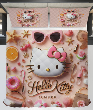 Summer quilt sets - Pink luxury Hello Kitty cotton quilting 3D bedroom - Cute quilt and pillowcase - Lusy Store LLC
