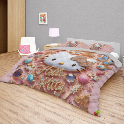 Summer quilt sets - Pink luxury Hello Kitty cotton quilting 3D bedroom - Cute quilt and pillowcase - Lusy Store LLC