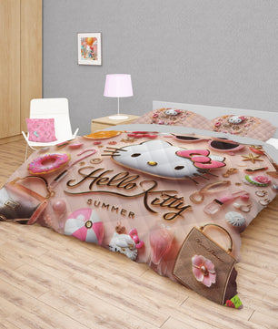 Summer quilt sets - Pink luxury Hello Kitty cotton quilting 3D bedroom - Cute quilt and pillowcase - Lusy Store LLC